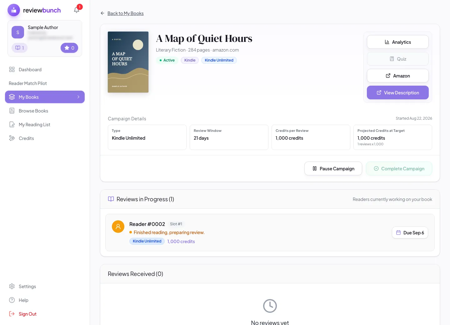ReviewBunch campaign dashboard showing reader progress